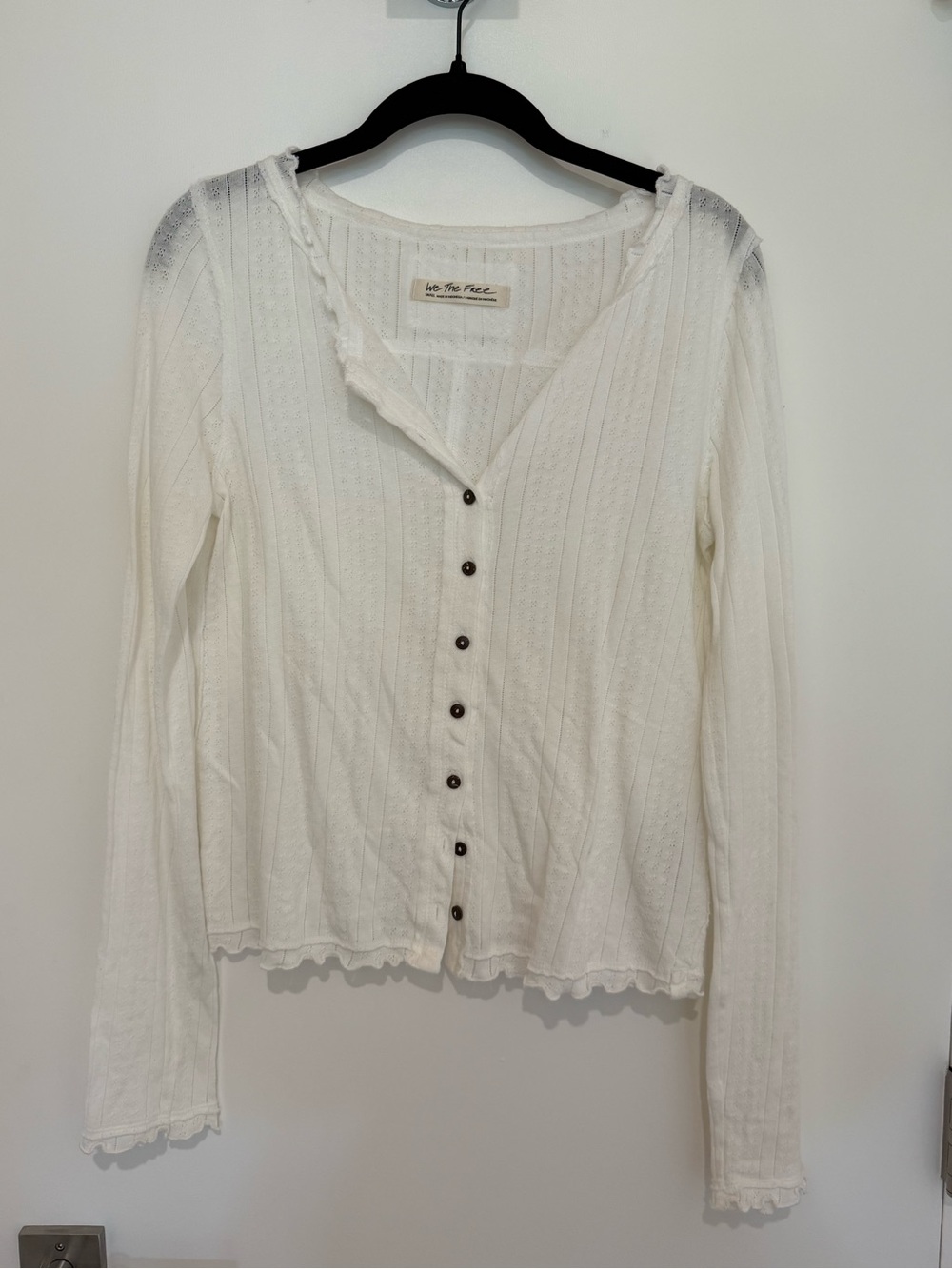 Free People Cream Ribbed Button-Down Long Sleeve Top